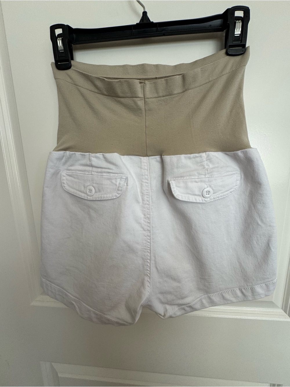 Haute Moma-Maternity White Cotton Blend Shorts with Tan Stretch Waistband - Picture 5 of 6